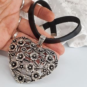 Designer Jewel Large Silver Heart Pendant Filigree Leather Choker Boho